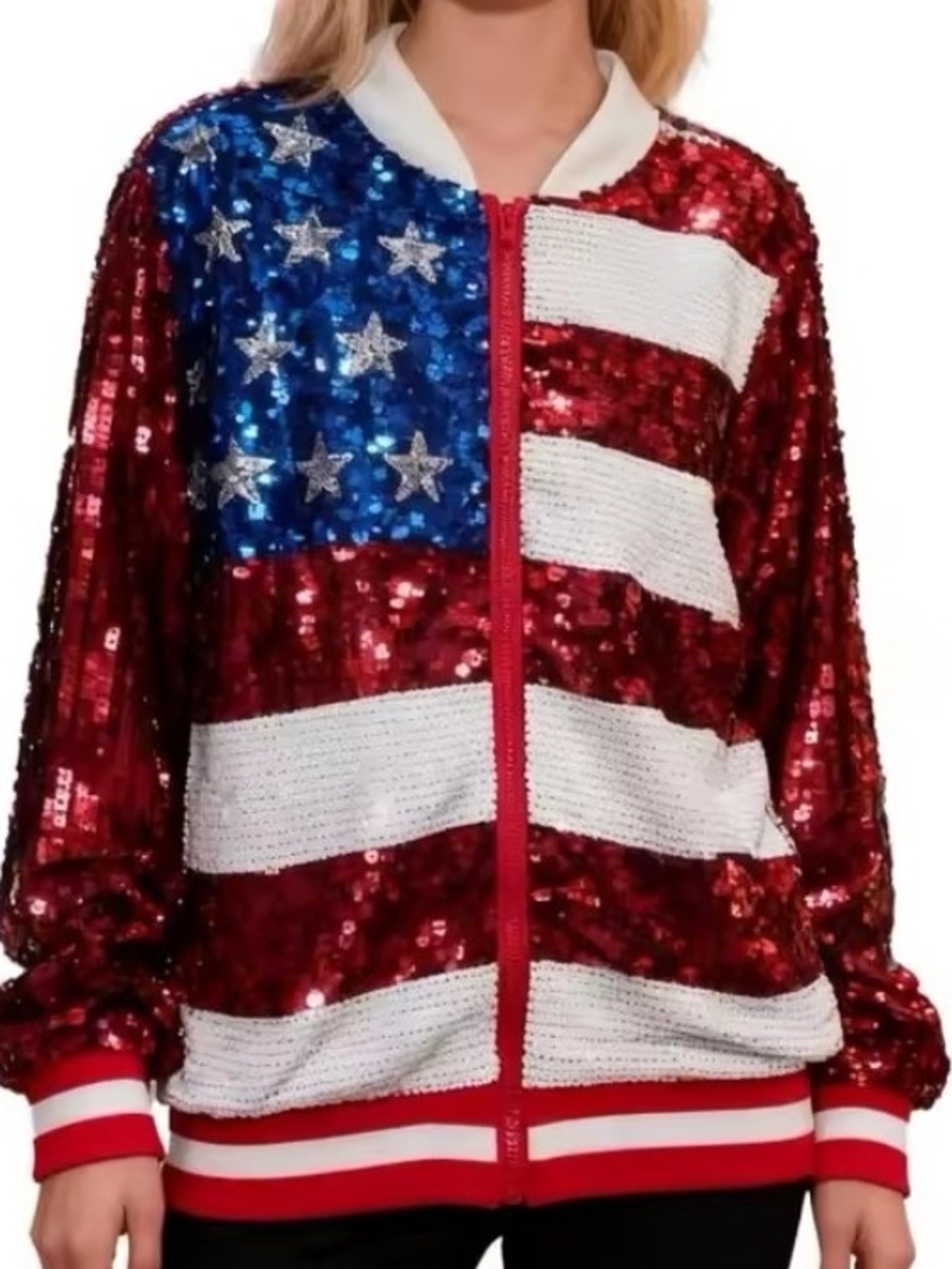 Sequined American Flag Bomber Jacket - Red, White & Blue - Picture 3 of 6